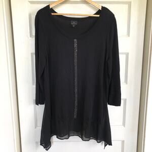 Worthington Black Long Sleeve Blouse Studded Sheer Chiffon Layer Hem Tunic XL
